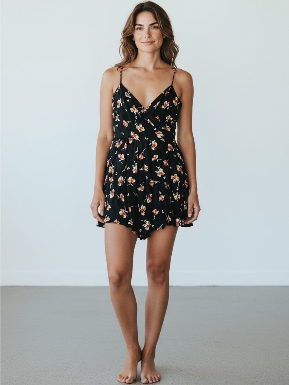 Floral Black Spaghetti-Strap Romper